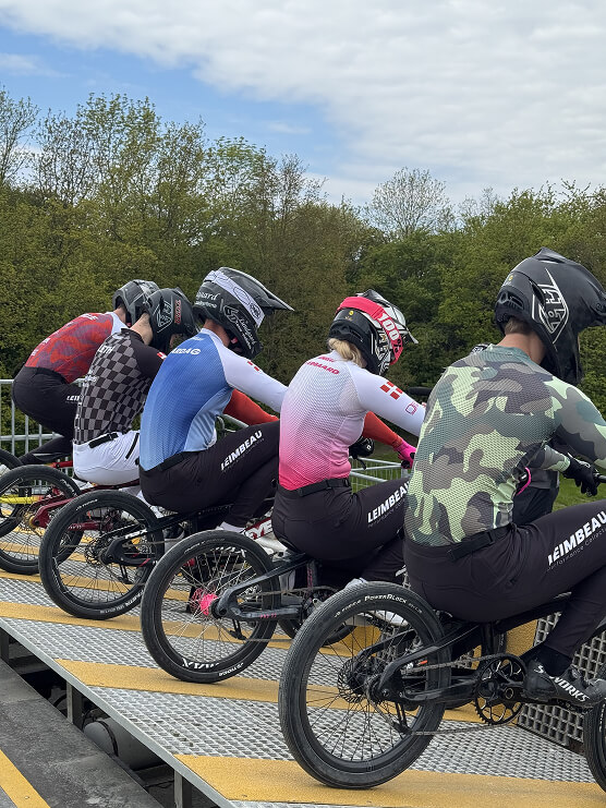 Team Leimbeau on gate with custom jerseys