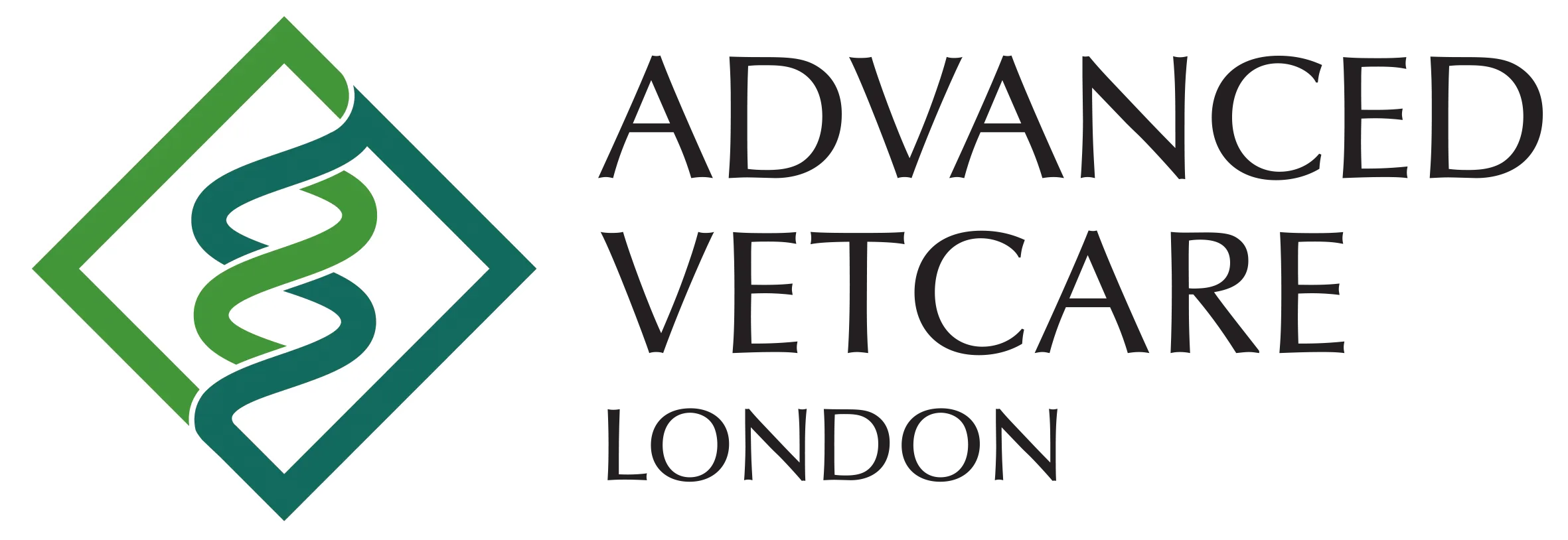 Advanced Vetcare London logo featuring a green and teal DNA strand inside a green-bordered diamond shape.