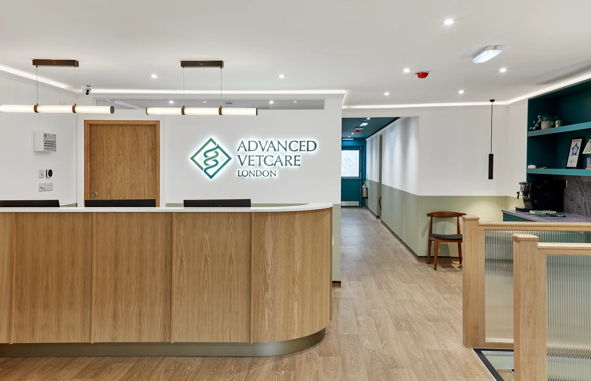 Modern veterinary clinic reception area with wooden desk, illuminated Advanced Vetcare London logo, and hallway.