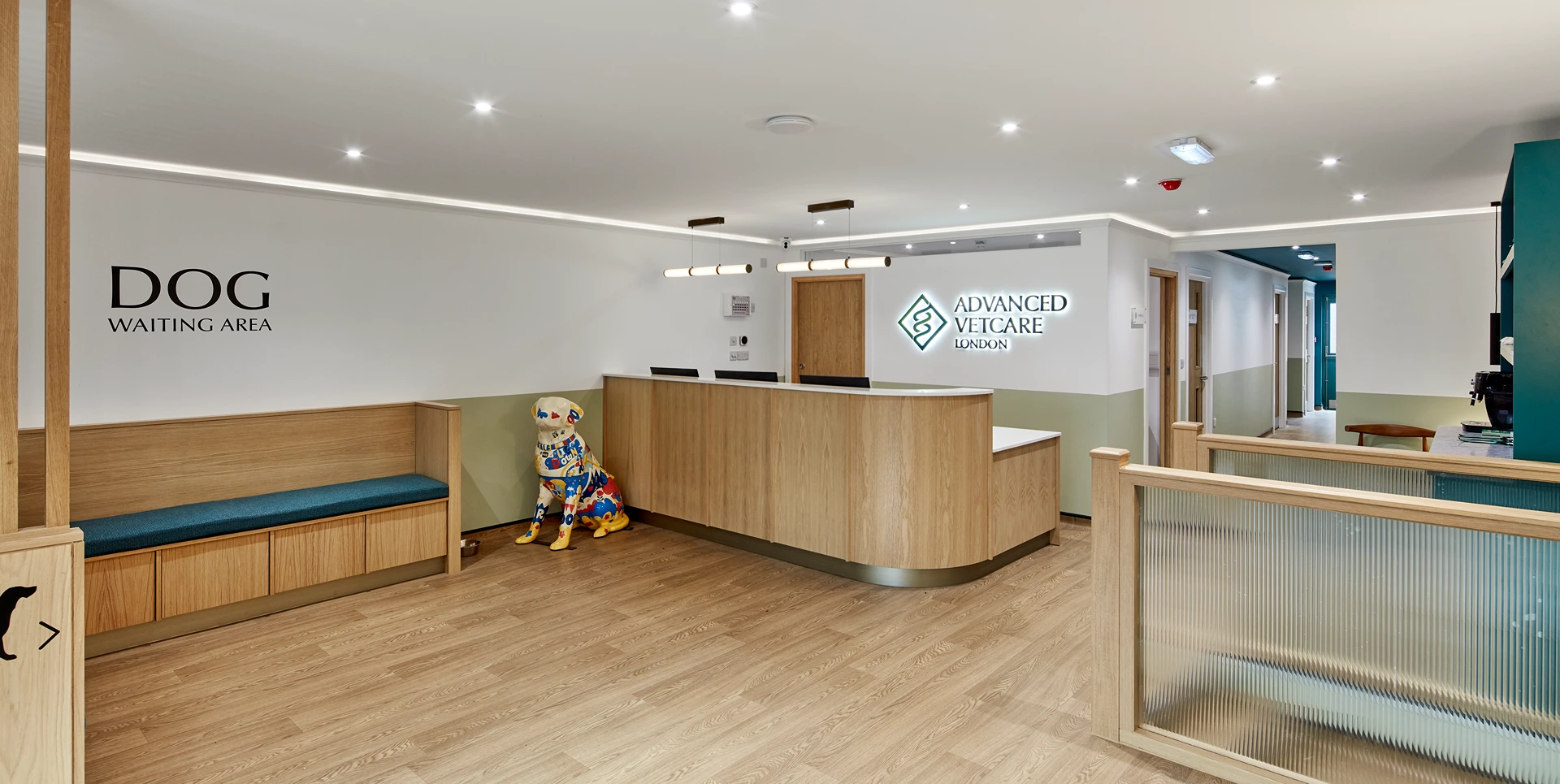 Modern vet clinic reception with wooden desk, dog waiting area with bench and colorful dog statue, and Advanced Vetcare London sign on wall.