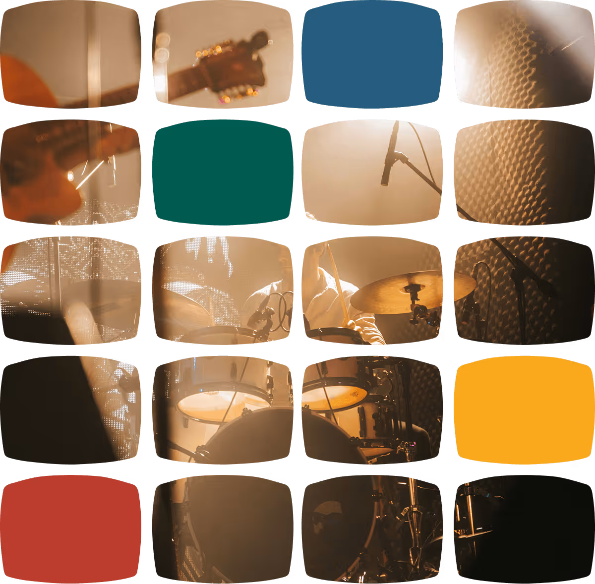 Collage of images showing a drummer playing a drum set, a guitar neck, a microphone, and acoustic foam panels with several solid colored blocks.
