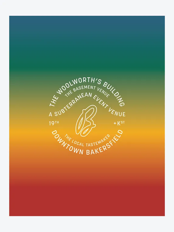 Logo of The Woolworth's Building, a subterranean event venue located at 19th and K Street in downtown Bakersfield, with a gradient background of blue, green, yellow, orange, and red.