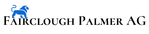 The official logo mark for Fairclough Palmer AG. The design includes the company name 'FAIRCLOUGH PALMER AG' in a dark serif font, positioned below a distinctive blue stylised lion emblem.