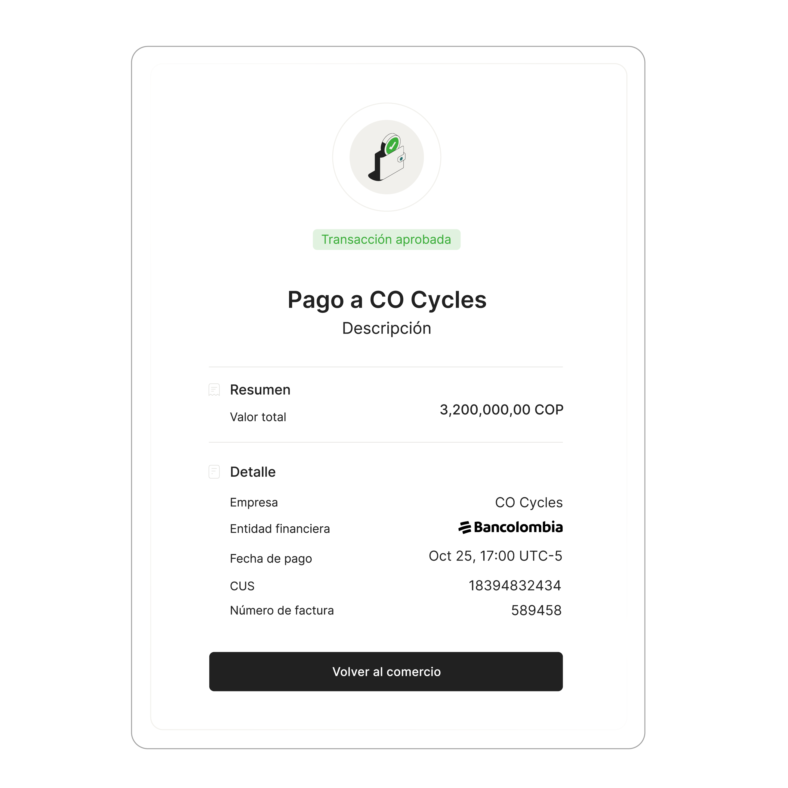 Pantalla de transacción aprobada con resumen de pago y confirmación en tiempo real en Cobre