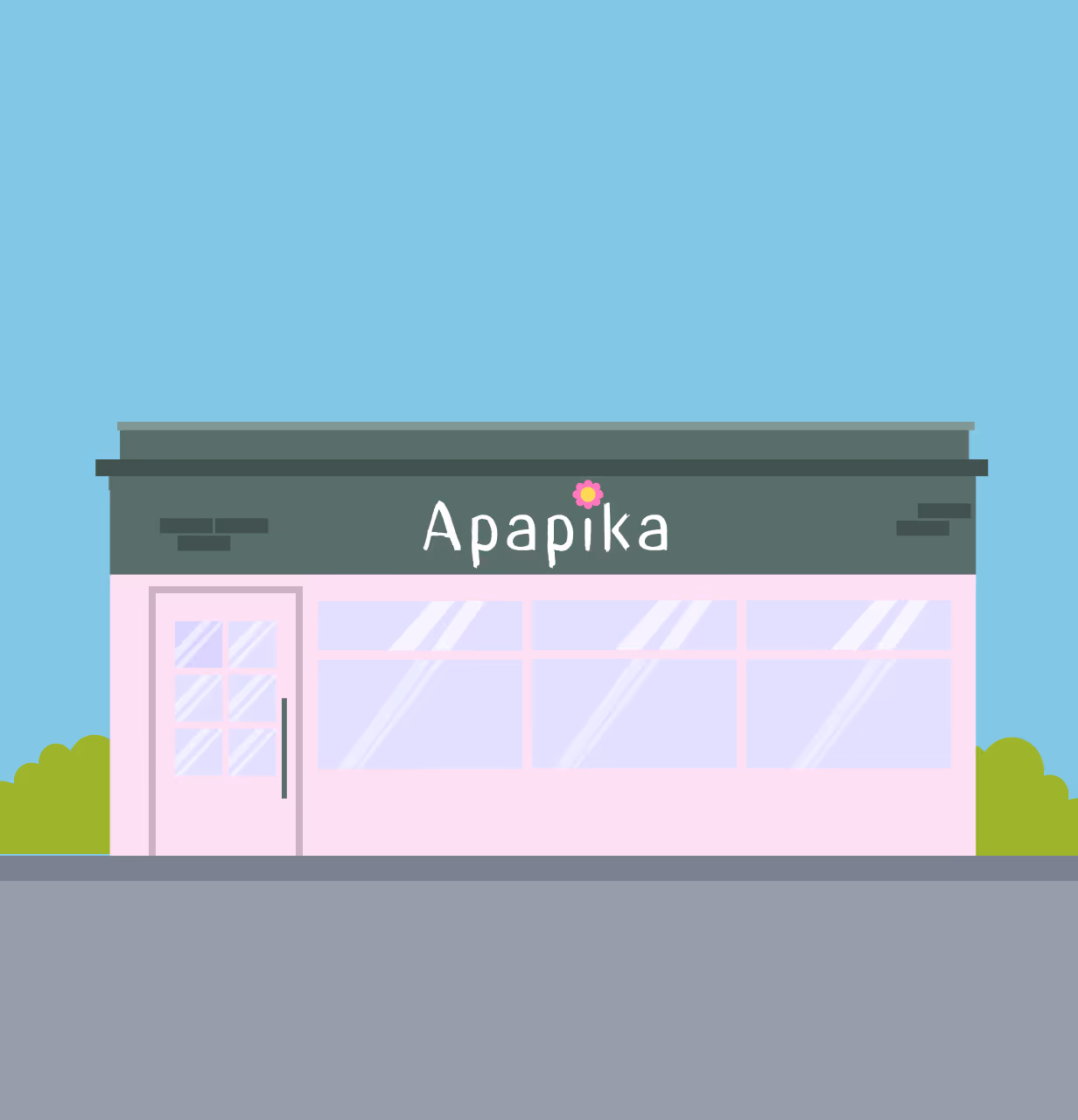 Abbildung einer rosa Schaufensterfront mit der Aufschrift „Arapika“ und einem Blumenmotiv an einem klaren Tag. Die Schaufensterfront verfügt über große Schaufenster.