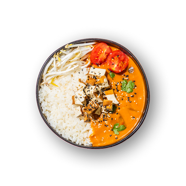 Eine farbenfrohe Schüssel mit Reis, Sojasprossen, Tofu und Tomatenscheiben in Orangen-Currysauce, garniert mit Sesamsamen und Koriander. Schwarzer Hintergrund.