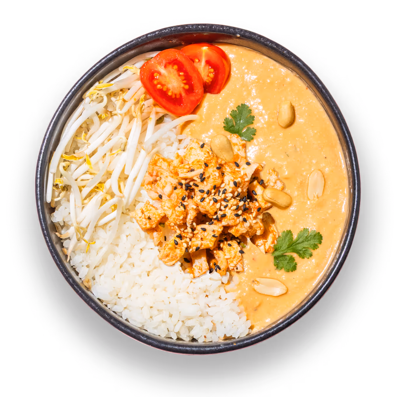 Eine farbenfrohe Schüssel mit weißem Reis, Sojasprossen, cremiger Erdnusssauce, gewürfelten Tomaten, garniert mit Koriander, Erdnüssen und Sesamsamen auf schwarzem Hintergrund.