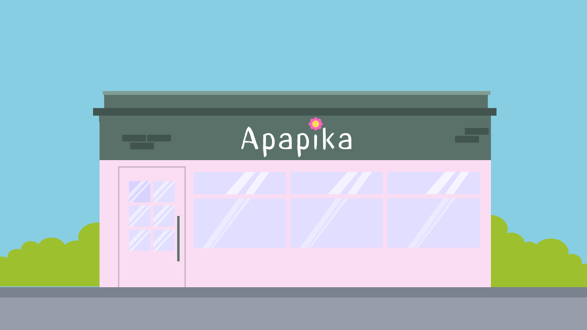 Illustration einer pastellrosa Ladenfront mit großen Schaufenstern und einem Schild mit der Aufschrift „Apapika“, das eine kleine Blume zeigt. Im Hintergrund sind grüne Büsche und ein klarer blauer Himmel zu sehen, die eine freundliche und einladende Atmos