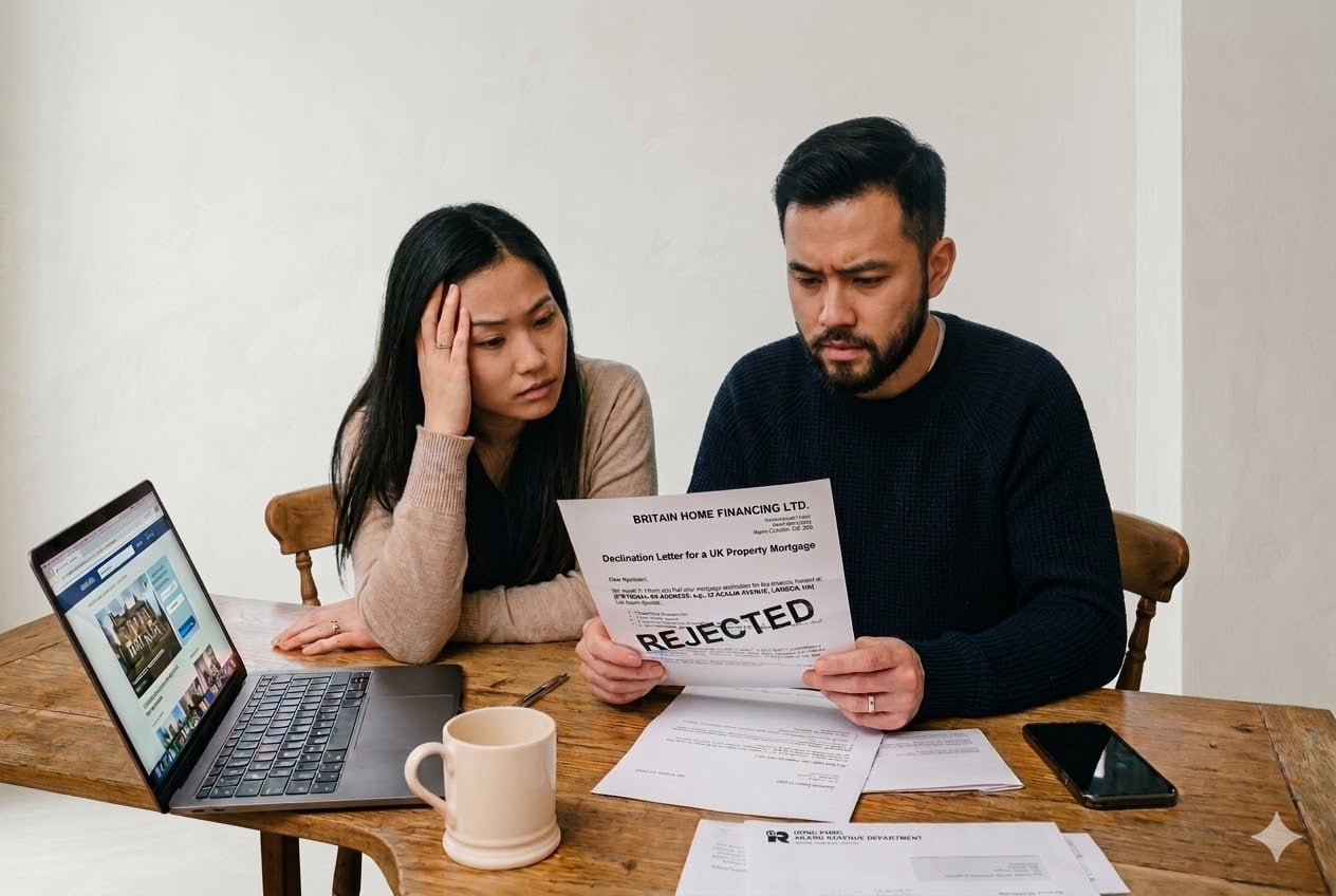An asian couple reading through a declined UK mortgage application letter as non-resident buyers