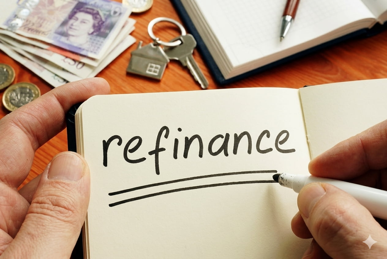 A person writing the word 'refinance' in a notebook, with UK pound notes, coins, and a house keychain on a wooden desk in the background.