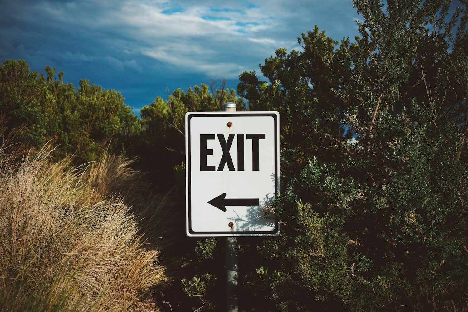 A white EXIT sign with a left arrow set against grass and shrubs, symbolic of a bridging loan exit strategy.