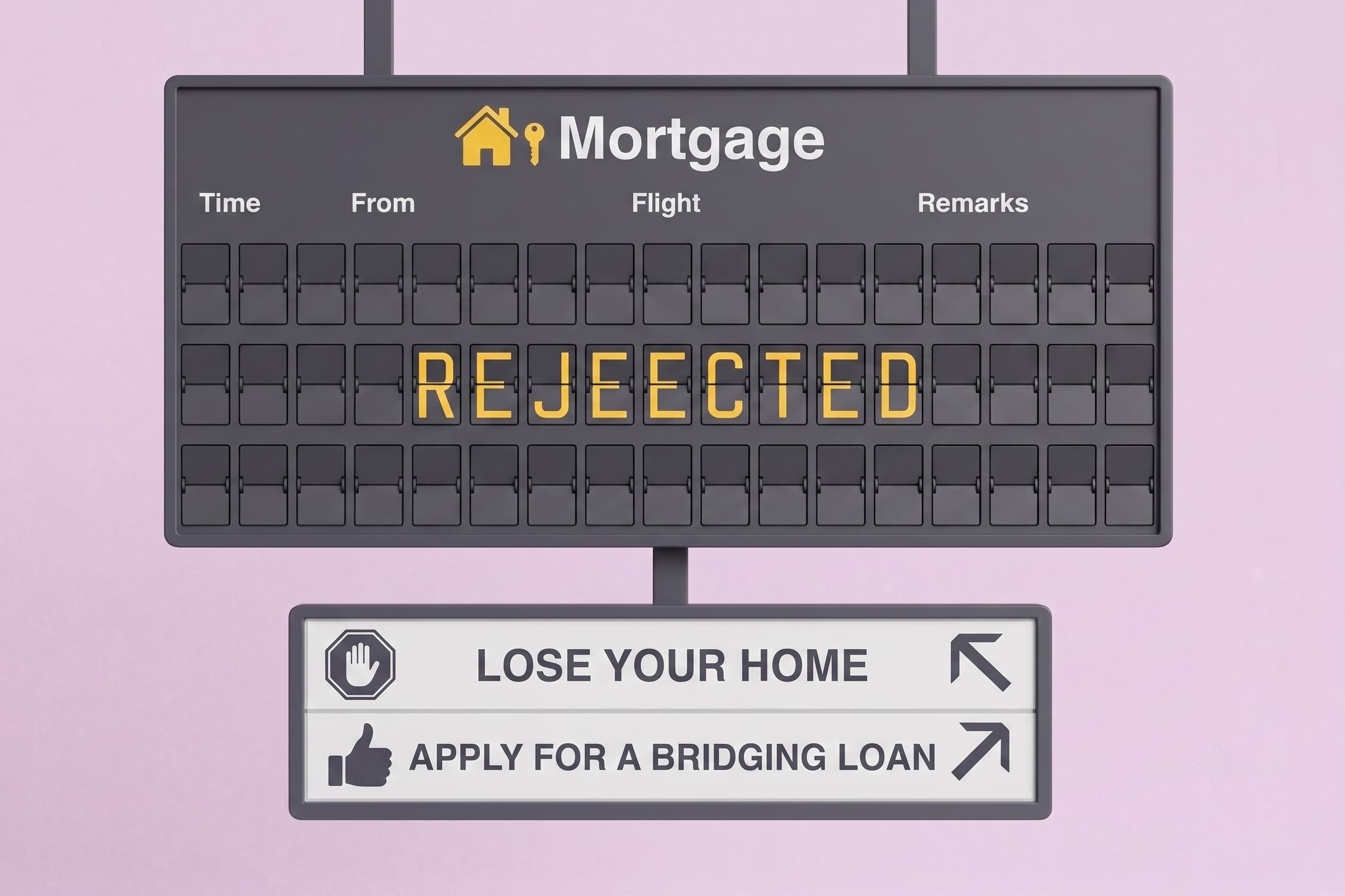 Flip board showing a mortgage declined, pointing to a bridging loan instead