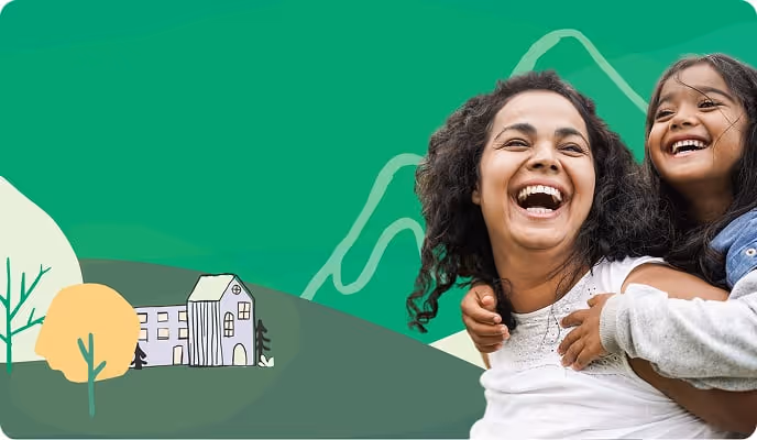 A graphic in the background with a photo in the foreground of a woman and a child piggybacking. 