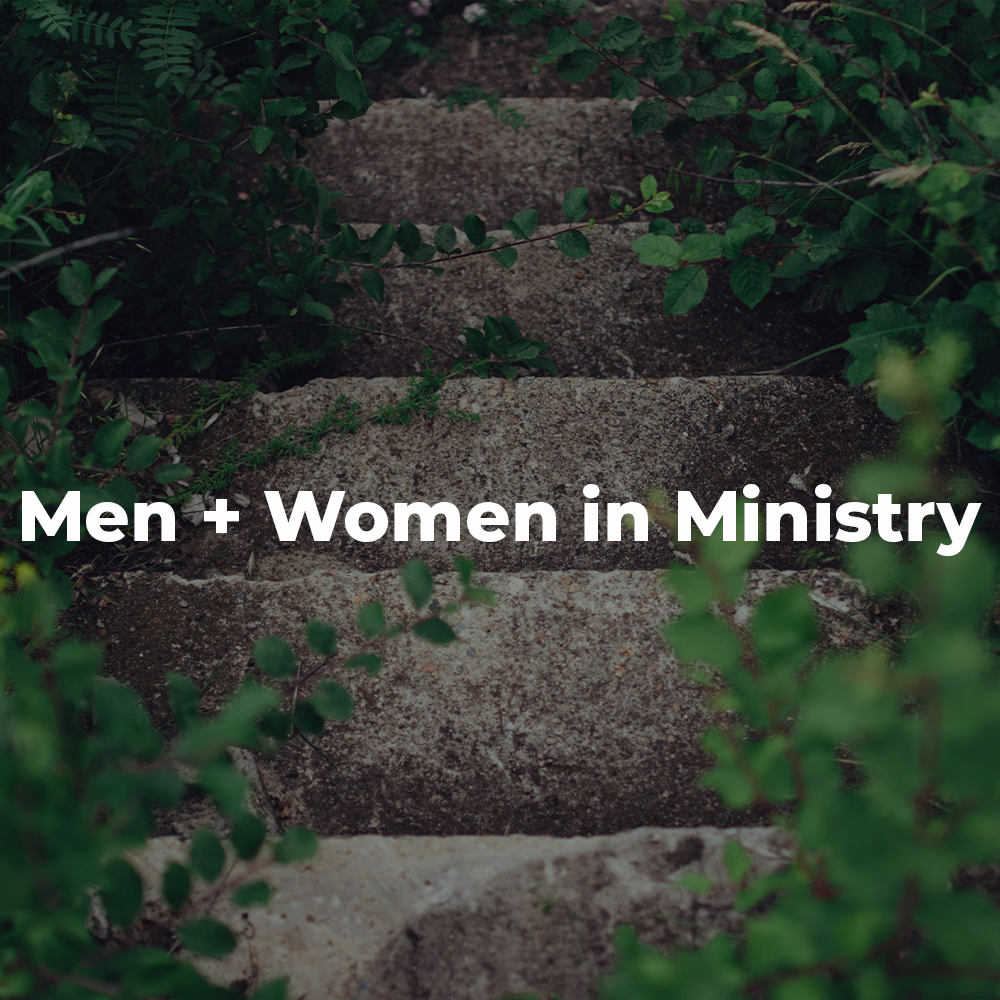 stone stairs with leaves around it with text reading men + women in ministry