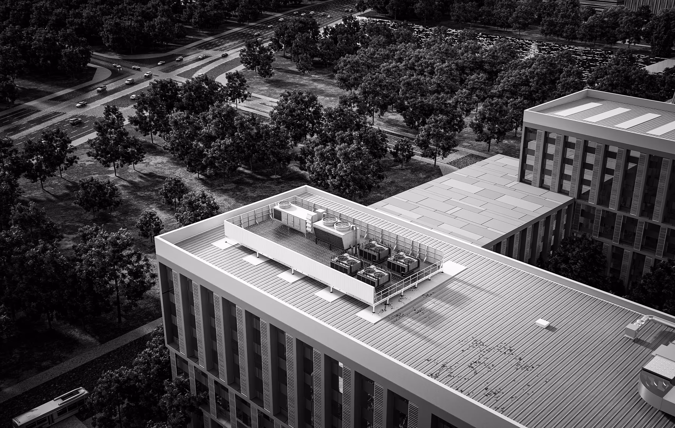 Rooftop acoustic platform scene with screens and framing