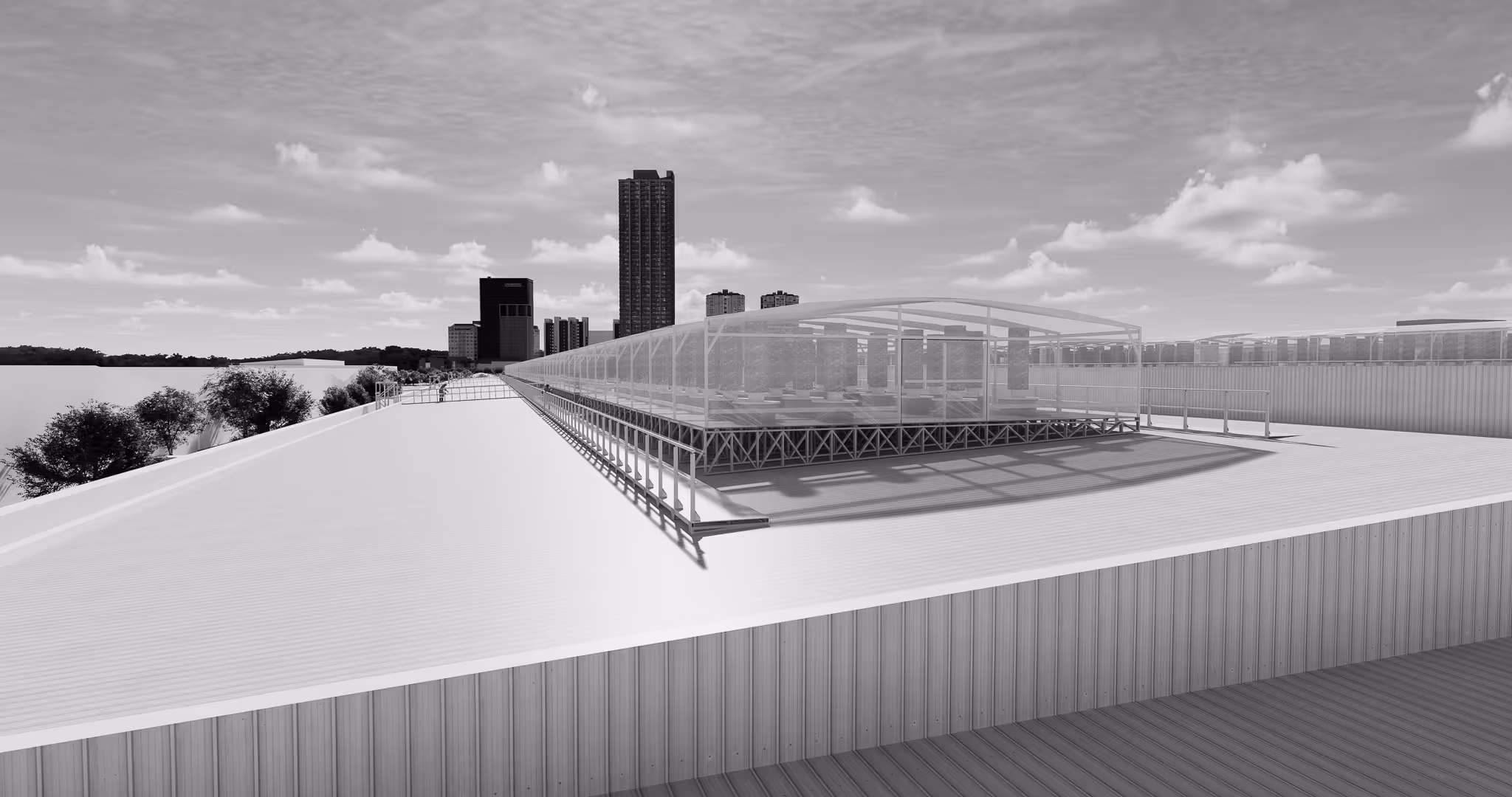 Greenhouse rooftop with translucent panels and framing