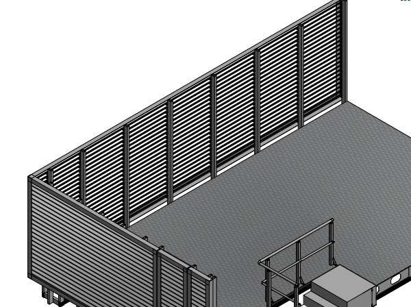 Technical rendering of a louvre screen and supporting frame.