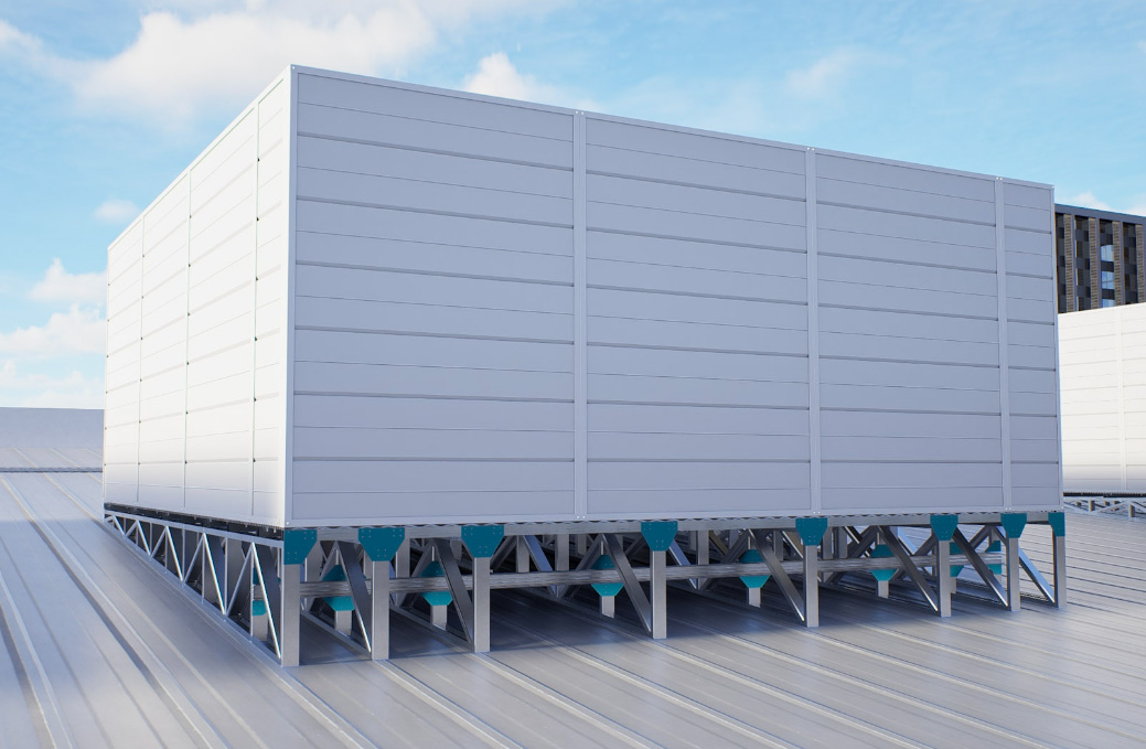White acoustic enclosure elevated above rooftop equipment.

