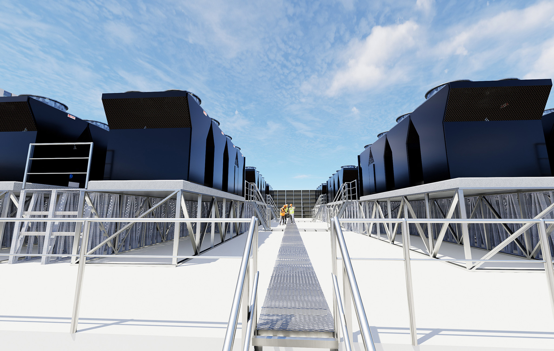Raised steel walkway between rows of rooftop HVAC equipment.
