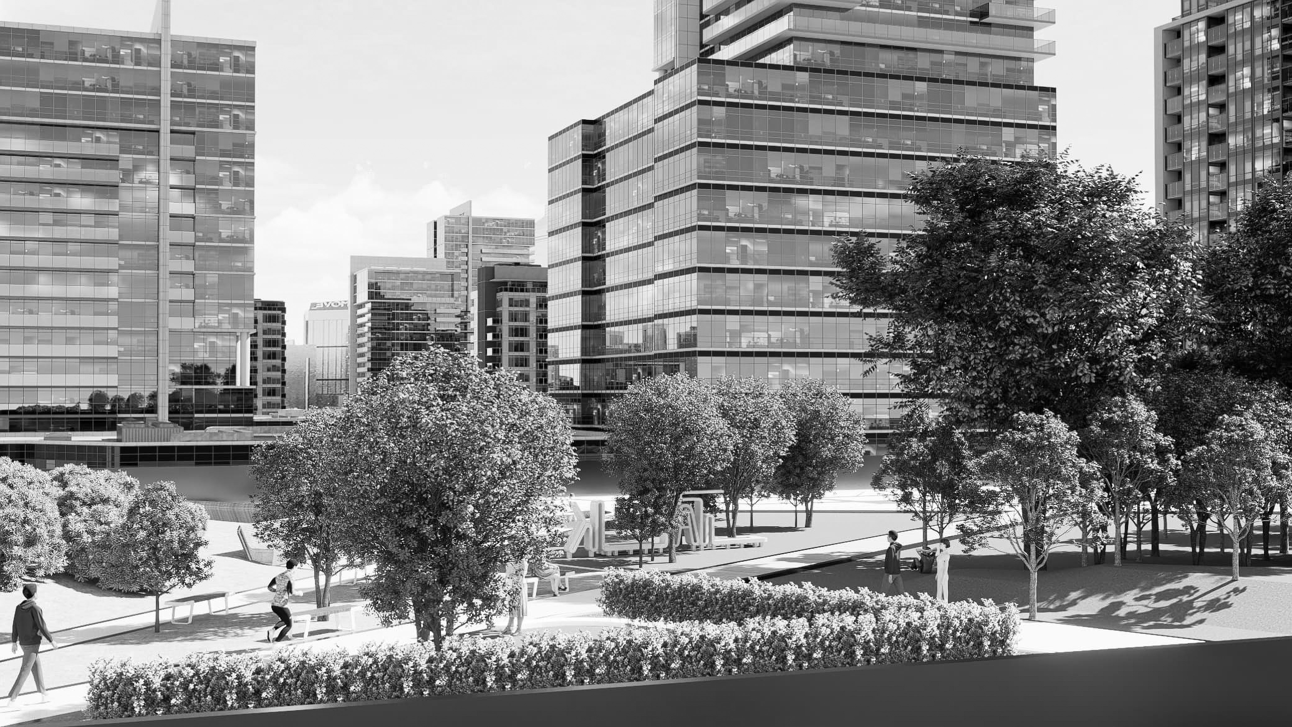 Greenspace rooftop with acoustic screens and access platform