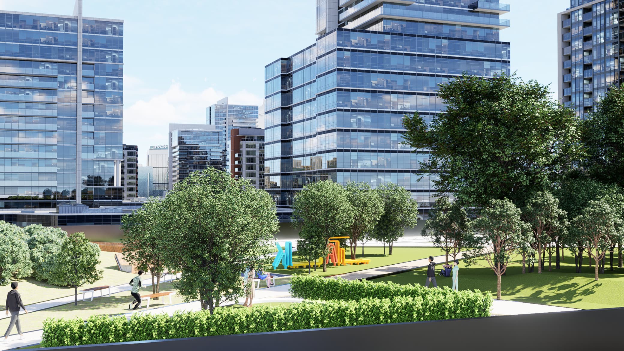 Greenspace rooftop area with acoustic screens and walkway