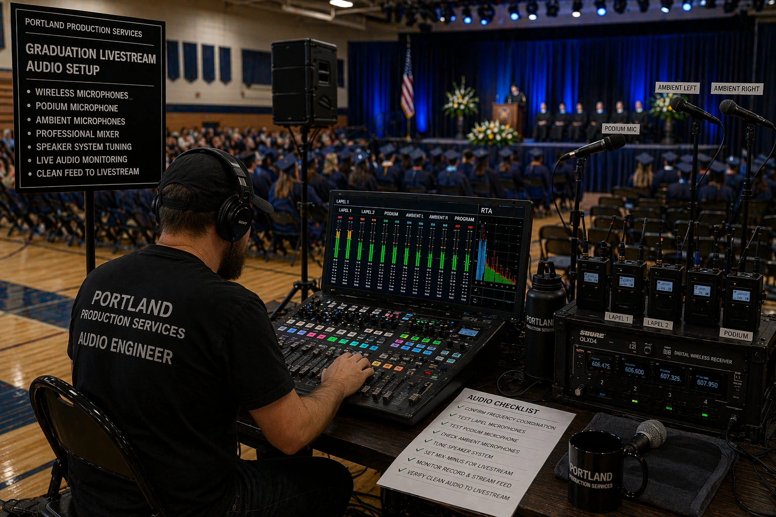  A professional audio engineer setting up microphones, speakers, and an audio mixer for a graduation ceremony livestream, representing the technical precision required to deliver clear, broadcast-quality audio to remote viewers. 