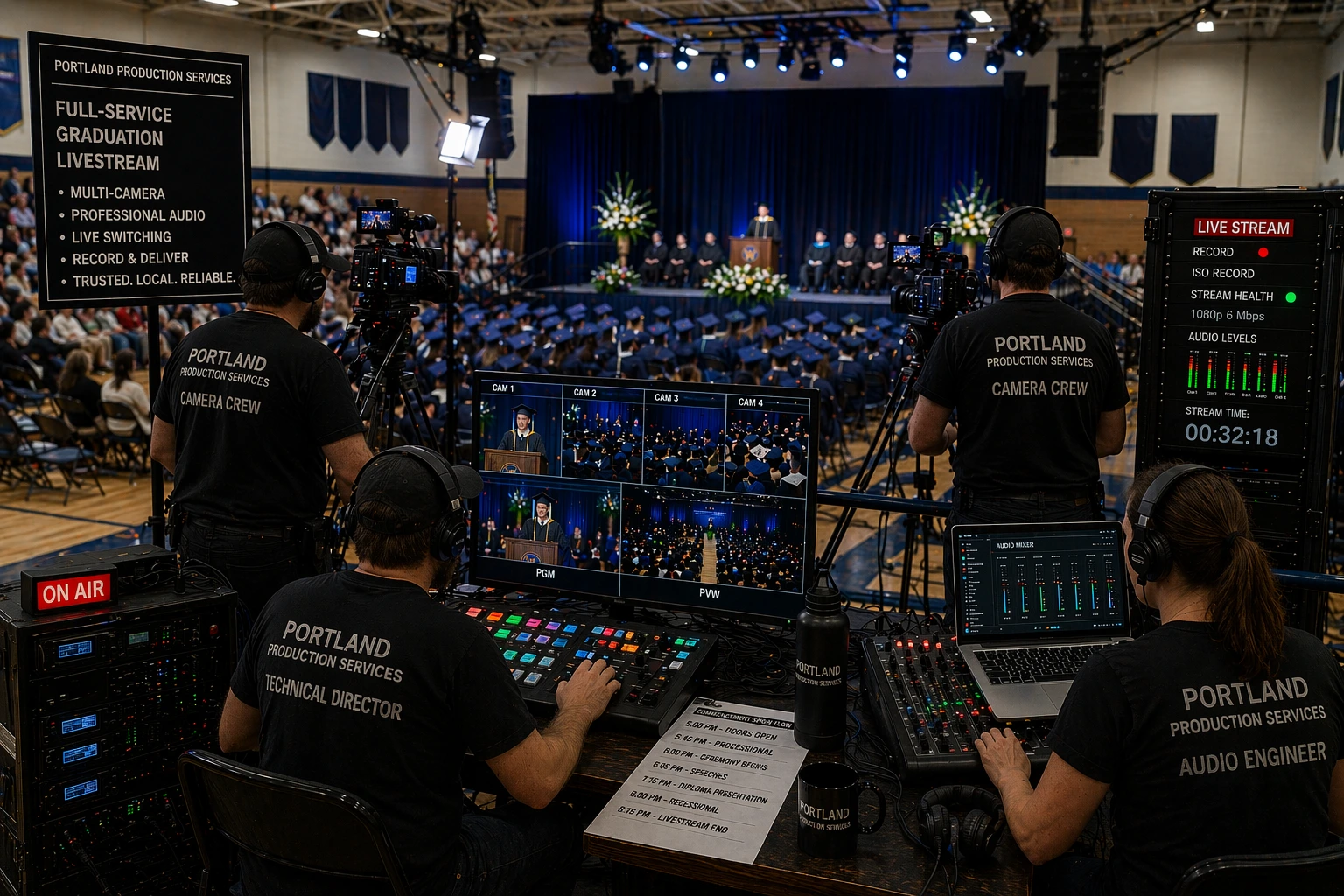 A professional graduation livestreaming crew setting up multi-camera coverage and audio equipment in a school gymnasium, representing the full technical setup required for a high-quality commencement ceremony livestream. 