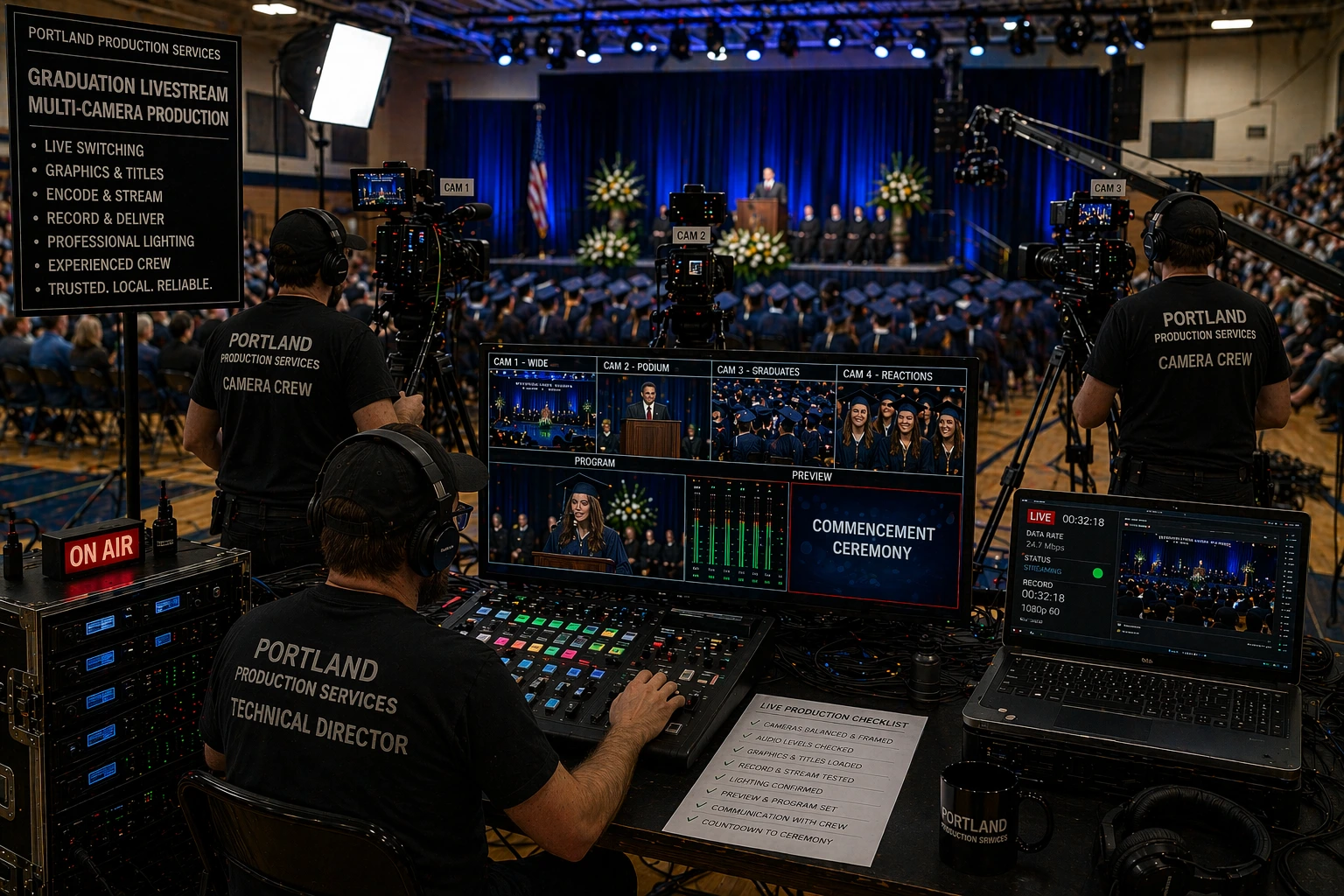 A full graduation livestream production in a school gymnasium with multiple cameras, professional lighting, and a technical director managing the live feed, representing the team-based production approach of Portland Production Services. 
