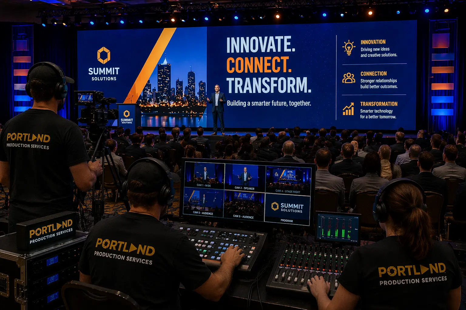 LED video wall keynote speaker corporate conference branded slides dynamic content presentation