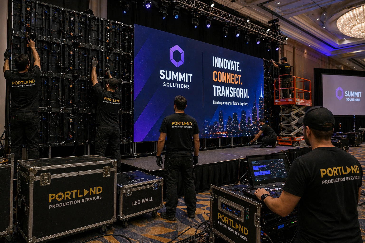 LED video wall rental setup corporate event professional crew assembly configuration