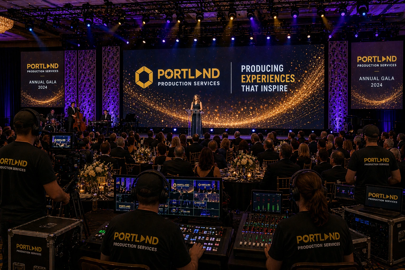 LED video wall rental gala event full production setup branded content professional lighting audience