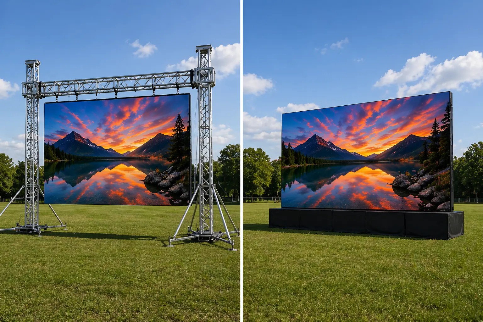 LED video wall rigging systems goalpost truss outriggers vs ground stack hidden support comparison