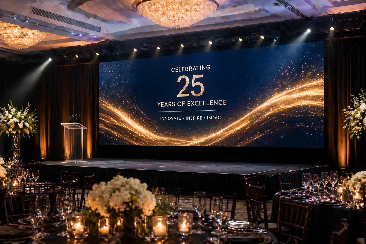  LED video wall ground stack hidden rigging corporate gala event clean stage aesthetic minimal support