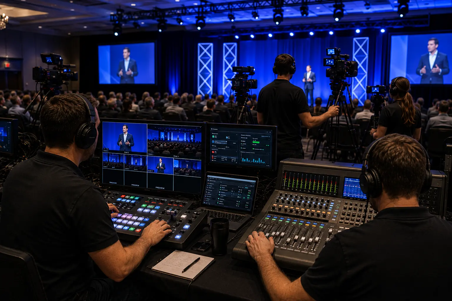 live stream large event professional team coordination multi-camera switcher audio engineer technical director