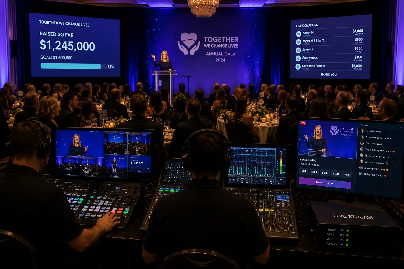live streaming nonprofit gala fundraising real-time donor engagement professional production remote audience