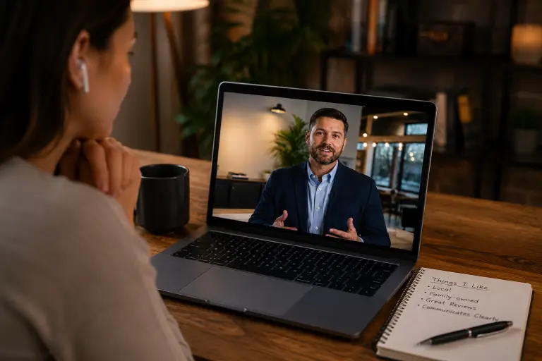 commercial video local business lead pre-qualification trust building prospect watching laptop conversion