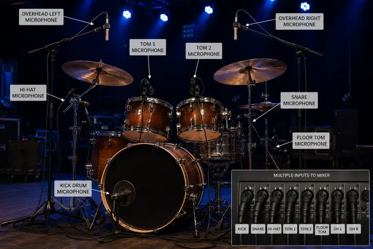 live event microphones drum kit setup multiple inputs kick snare toms overhead professional audio