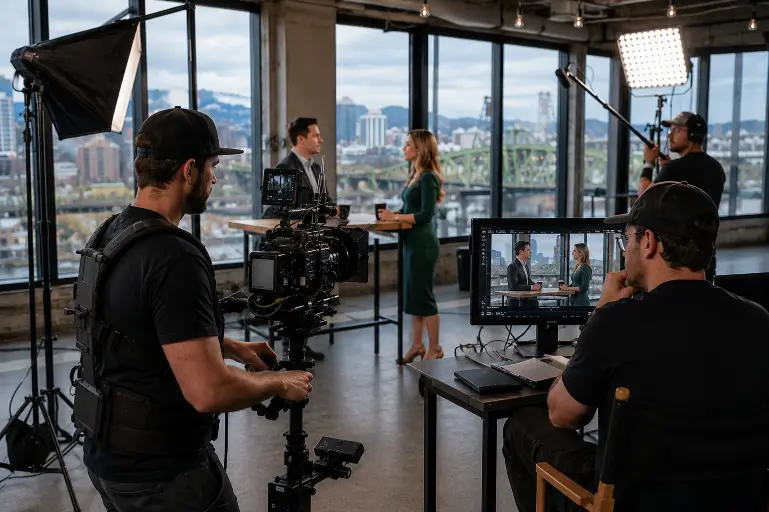 Portland commercial video production crew on set with professional camera and lighting equipment