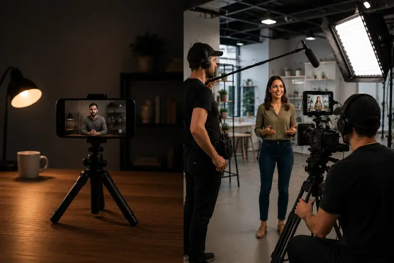 Commercial video production company setup with cinema camera and lighting compared to DIY smartphone filming