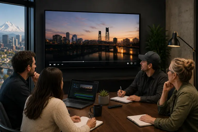 Client reviewing a commercial cut with a Portland commercial video production service team