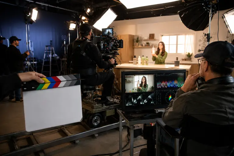 TV commercial production set in Portland with cinema camera and broadcast monitoring equipment