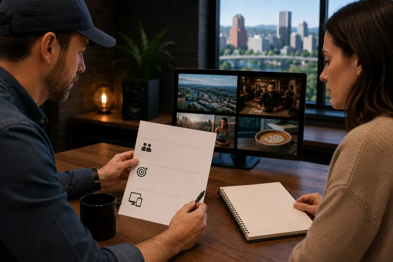 Video advertising services strategy meeting in Portland defining audience goal and platform