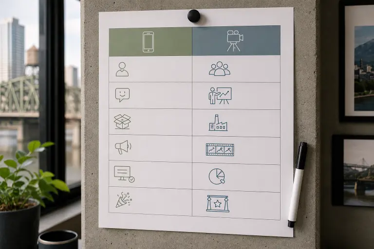 Marketing video production services decision matrix sorting video types into DIY and hire-a-pro columns