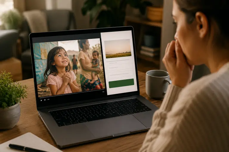Donor watching a nonprofit video production impact story before making a donation