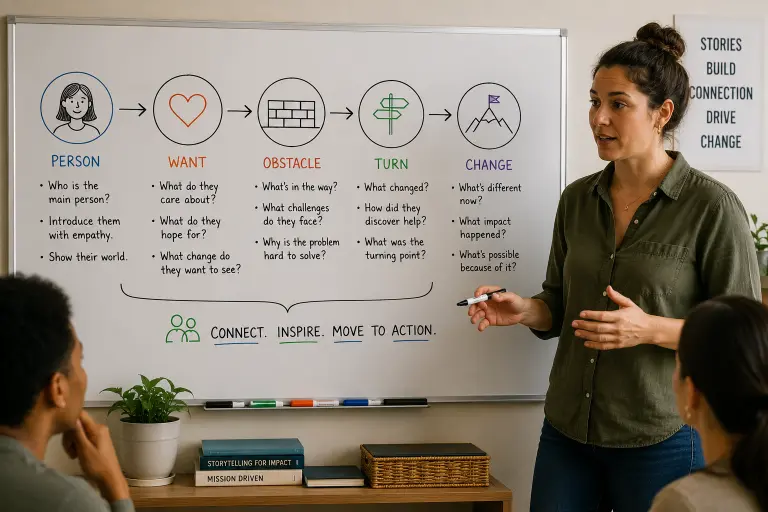Nonprofit video storytelling narrative arc showing person, want, obstacle, turn, and change