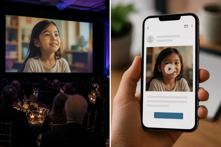 A fundraising video shown on a gala screen and as a short email appeal cut on a phone