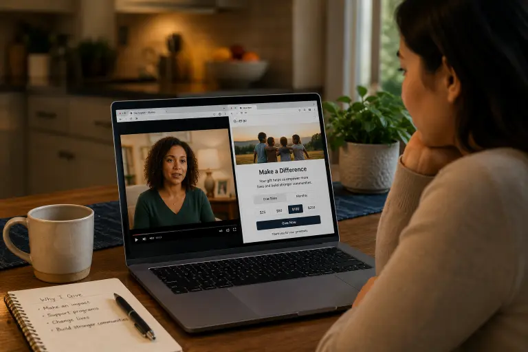 Prospective donor watching a nonprofit donor testimonial video before making a gift