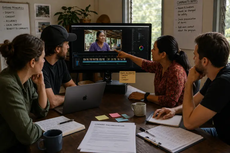Charity video production team reviewing an edit with a local coordinator giving feedback