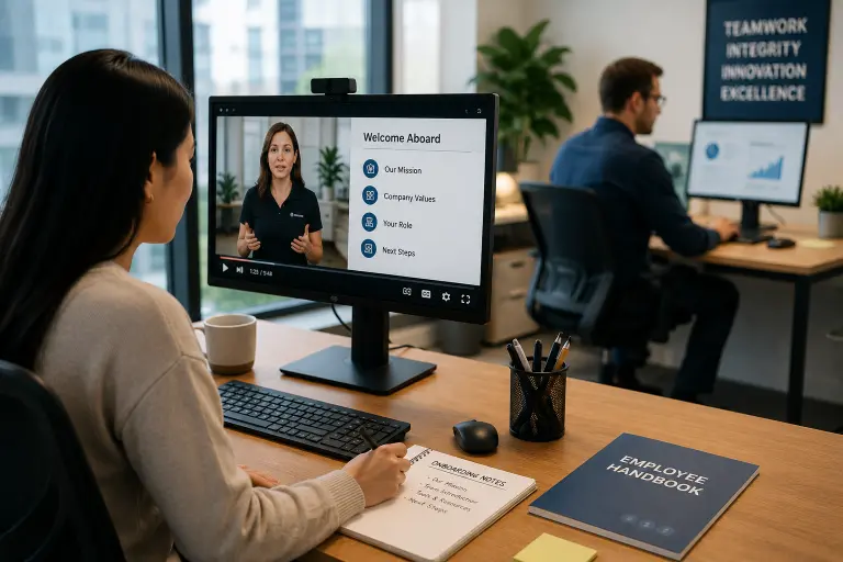 New employee watching a corporate onboarding video while a manager works uninterrupted