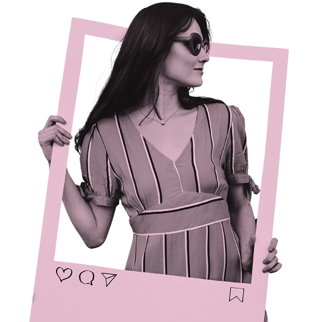 an image showing a woman holding an big decorative frame represents Instagram post frame shape in a way that refers to content creating service